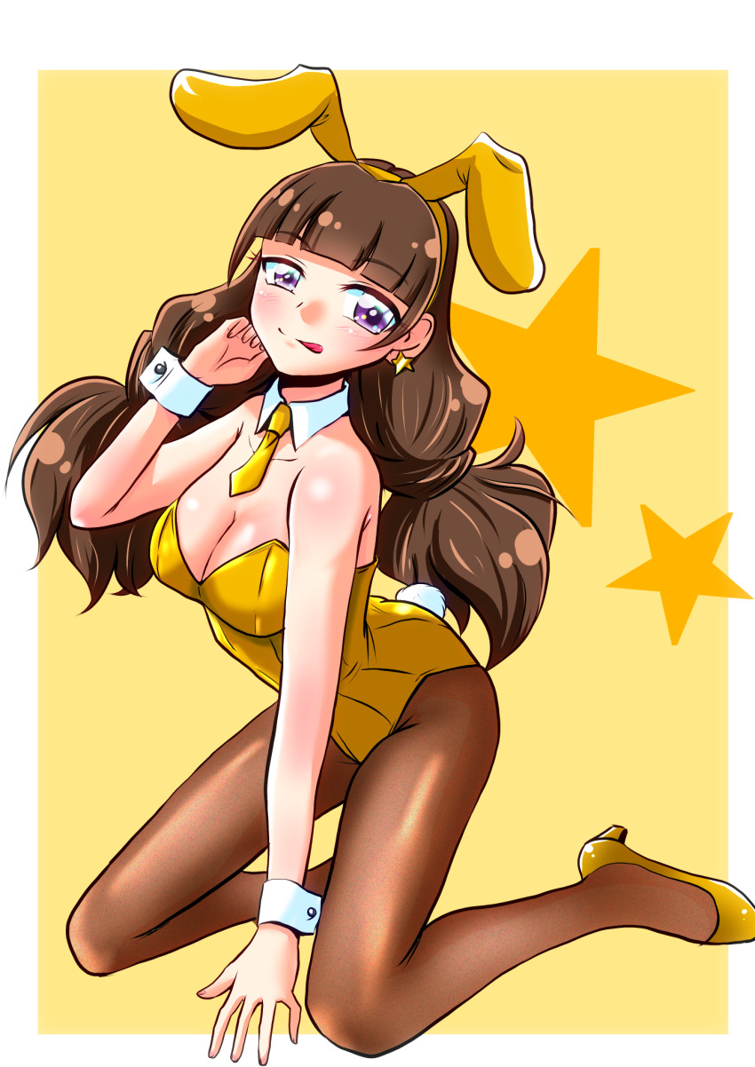 1girl, :p, amanogawa_kirara, animal_ear_hairband, animal_ears, bare_shoulders, blush, border