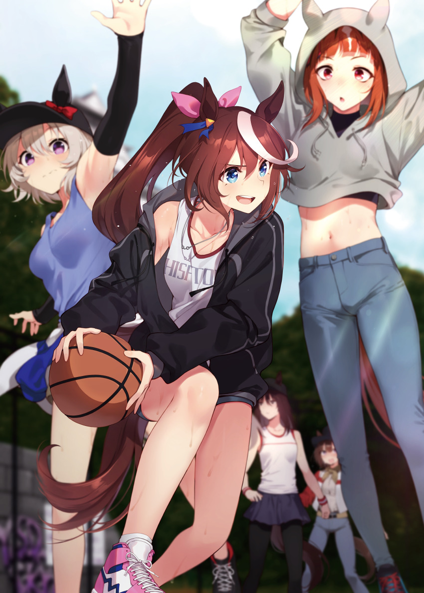 5girls, absurdres, alternate_costume, animal_ears, ball, bare_shoulders, baseball_cap, basketball, basketball_(object), black_hair, black_jacket, black_pantyhose, black_skirt, blue_eyes, blurry, bow, brown_hair, character_request, cropped_sweater, curren_chan_(umamusume), denim, depth_of_field, ear_covers, ear_ribbon, ears_through_headwear, grey_hair, grey_sweater, hair_between_eyes, hair_ribbon, hat, high_ponytail, highres, holding, holding_ball, hood, hooded_sweater, hoodie, horse_ears, horse_girl, horse_tail, jacket, jeans, long_hair, long_sleeves, looking_at_viewer, looking_to_the_side, midriff, motsunabe_(mo2nap3), multicolored_hair, multiple_girls, navel, outdoors, pants, pantyhose, pink_ribbon, pink_shoes, playing_sports, ponytail, purple_eyes, red_eyes, ribbon, shoes, short_hair, skirt, sneakers, streaked_hair, sweater, tail, tank_top, tokai_teio_(umamusume), transcend_(umamusume), two-tone_hair, umamusume, white_hair