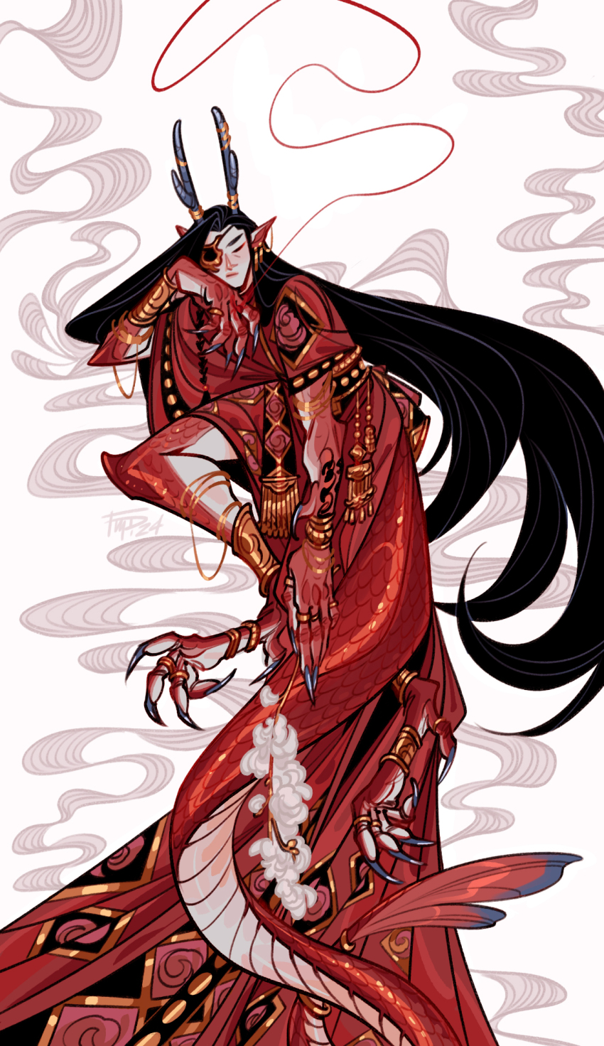 abstract_background, absurdly_long_hair, anklet, black_hair, chinese_clothes, chinese_zodiac, claws, closed_eyes, closed_mouth, commentary, dragon_boy, dragon_horns, dragon_tail, earrings, eastern_dragon_horns, eastern_dragon_tail, english_commentary, eyeliner, eyepatch, floral_print, fmd, gold, gold_anklet, gold_ring, gold_trim, hanfu, highres, hua_cheng, jewelry, long_hair, makeup, male_focus, monster_boy, multiple_anklets, multiple_piercings, multiple_rings, pointy_ears, red_eyeliner, red_hanfu, red_robe, red_scales, ring, robe, string, string_around_finger, string_of_fate, tianguan_cifu, very_long_hair, white_background, wide_sleeves, year_of_the_dragon