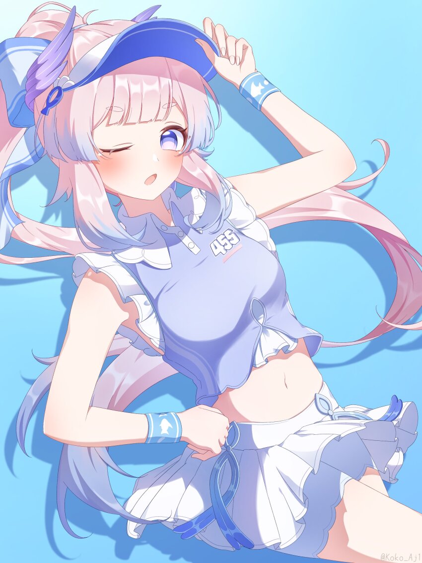 1girl, absurdres, bare_shoulders, bike_shorts, bike_shorts_under_shorts, blue_horns, blue_shirt, blunt_bangs