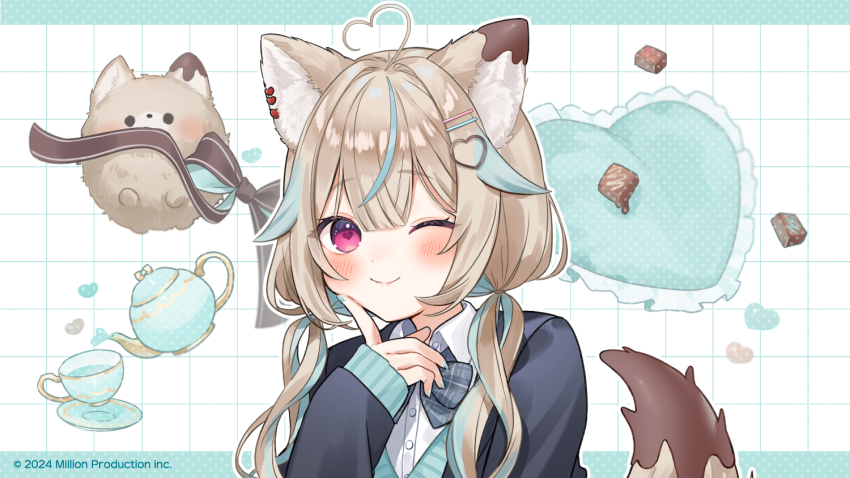 1girl, ahoge, amakami_konomi, animal_ears, black_jacket, blue_hair, blue_ribbon, blush