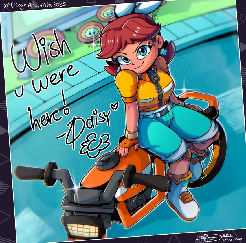 1girl, 2025, blue_eyes, brown_hair, diegoandsmtz, fingerless_gloves, fire_flower, full_body