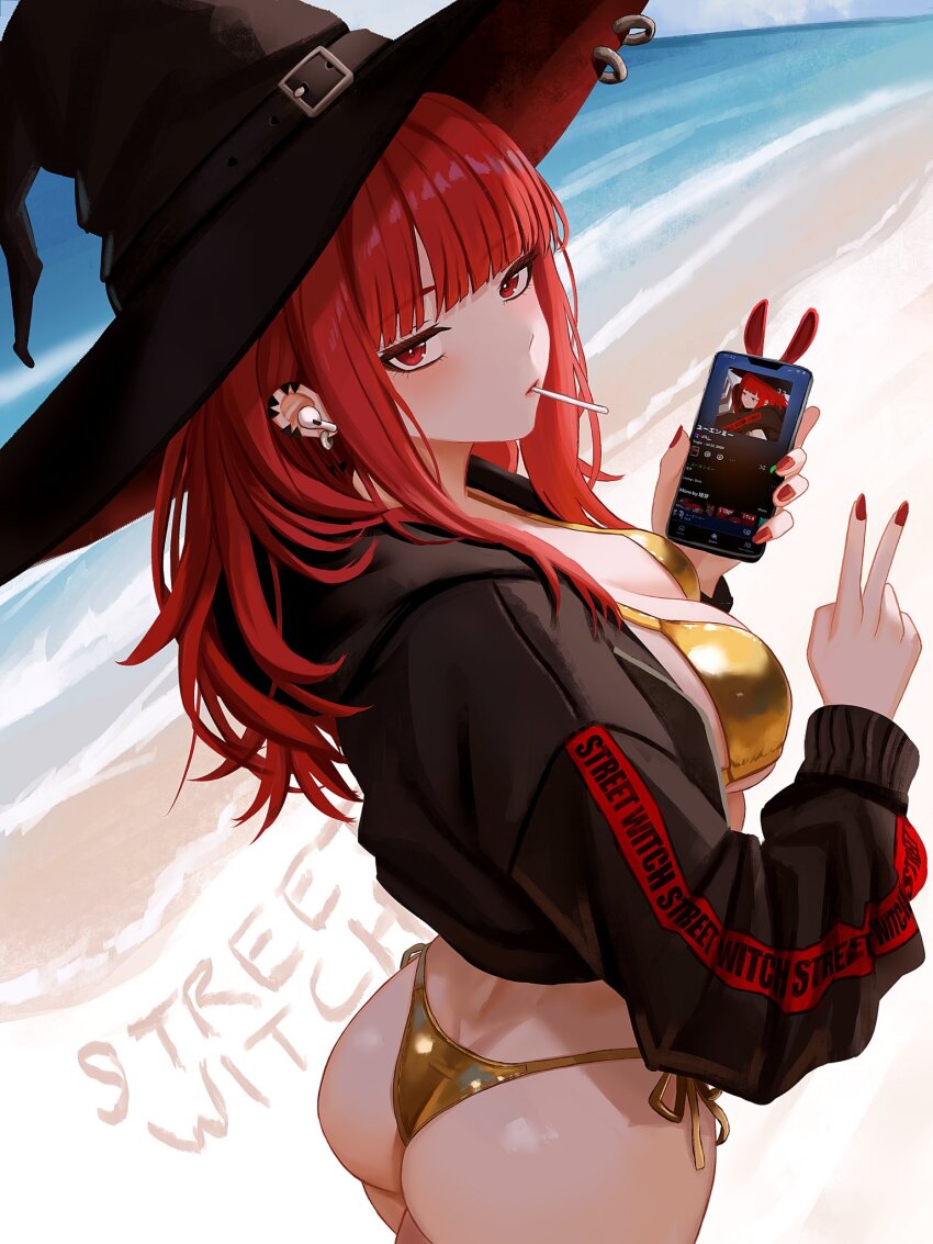 1girl, ass, beach, bikini, breasts, candy, closed_mouth, cowboy_shot