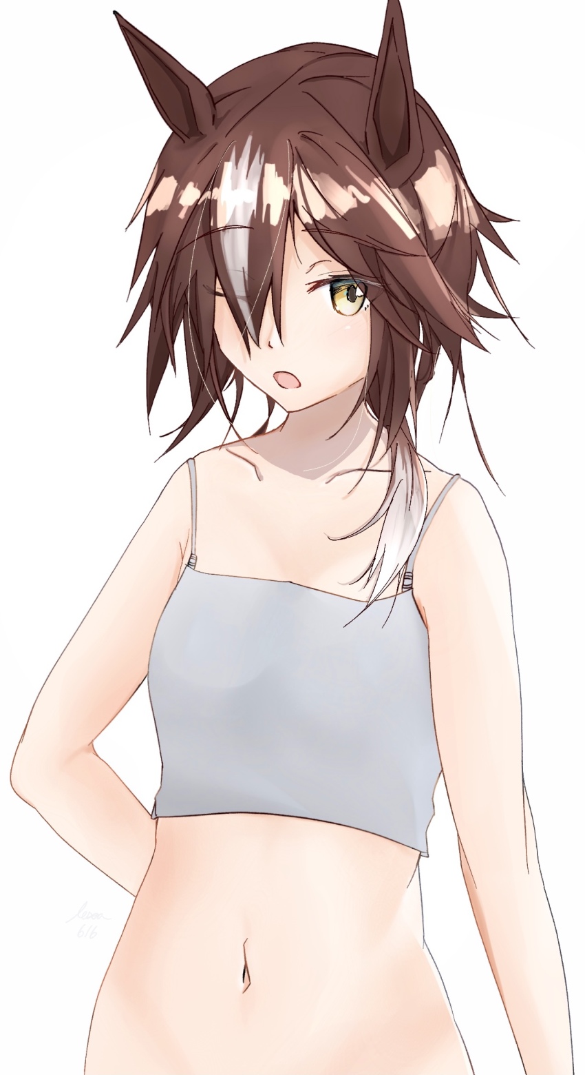 1girl, ;o, alternate_hairstyle, animal_ears, arm_behind_back, bare_shoulders, breasts, brown_hair