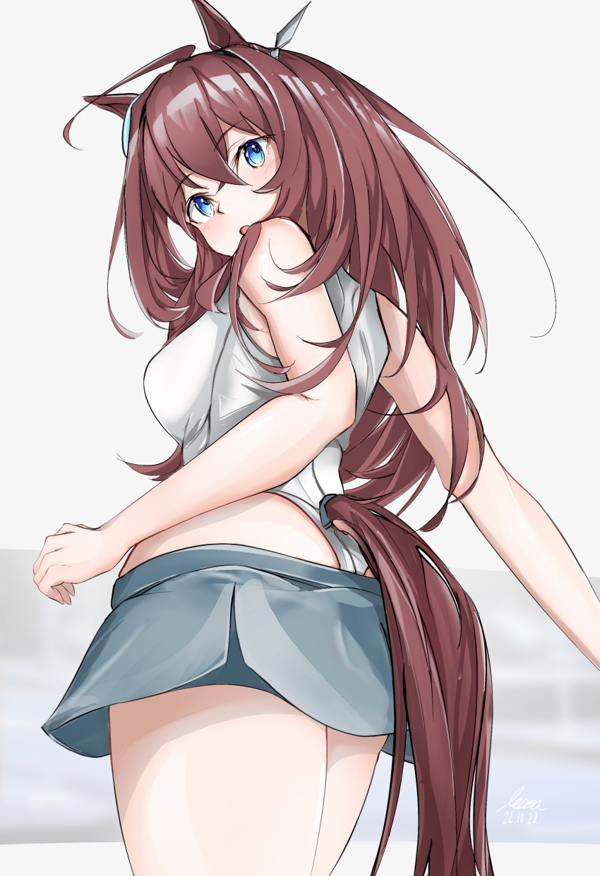 1girl, absurdres, ahoge, animal_ears, ass, bare_shoulders, blue_eyes, brown_hair, clothing_cutout, dated, from_behind, from_below, grey_leotard, hair_between_eyes, headgear, highres, horse_ears, horse_girl, horse_tail, leotard, lesoa, long_hair, looking_at_viewer, mihono_bourbon_(umamusume), miniskirt, signature, skirt, sleeveless, solo, tail, tail_through_clothes, umamusume, white_leotard