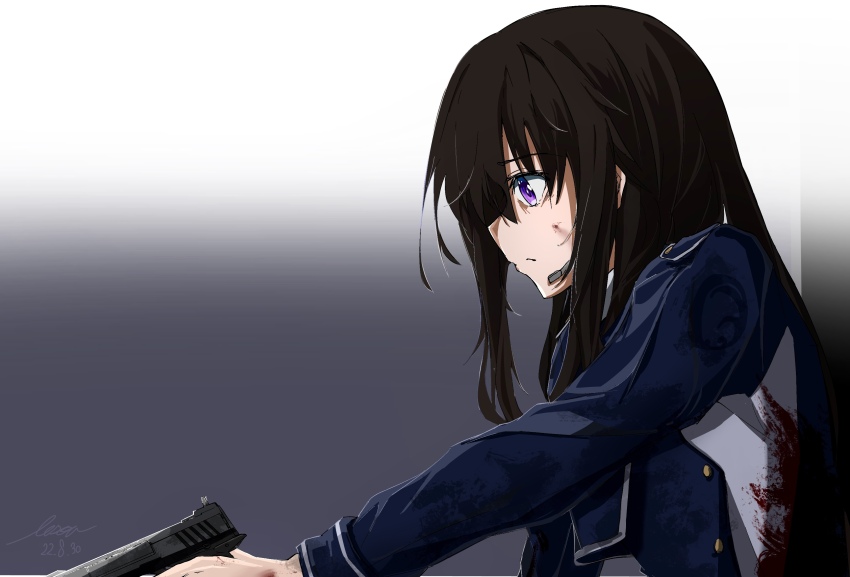 1girl, absurdres, black_hair, blood, blood_on_clothes, blood_on_face, blood_on_hands, dated