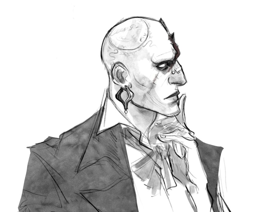 bald, black_vest, bow, bowtie, collared_shirt, corpsachriste, earrings, efron_weisz, face_piercing, formal_clothes, from_side, head_mark, highres, identity_v, jewelry, male_focus, monochrome, nose_piercing, piercing, portrait, scar, scar_on_face, shirt, single_earring, suit, thinking, vest