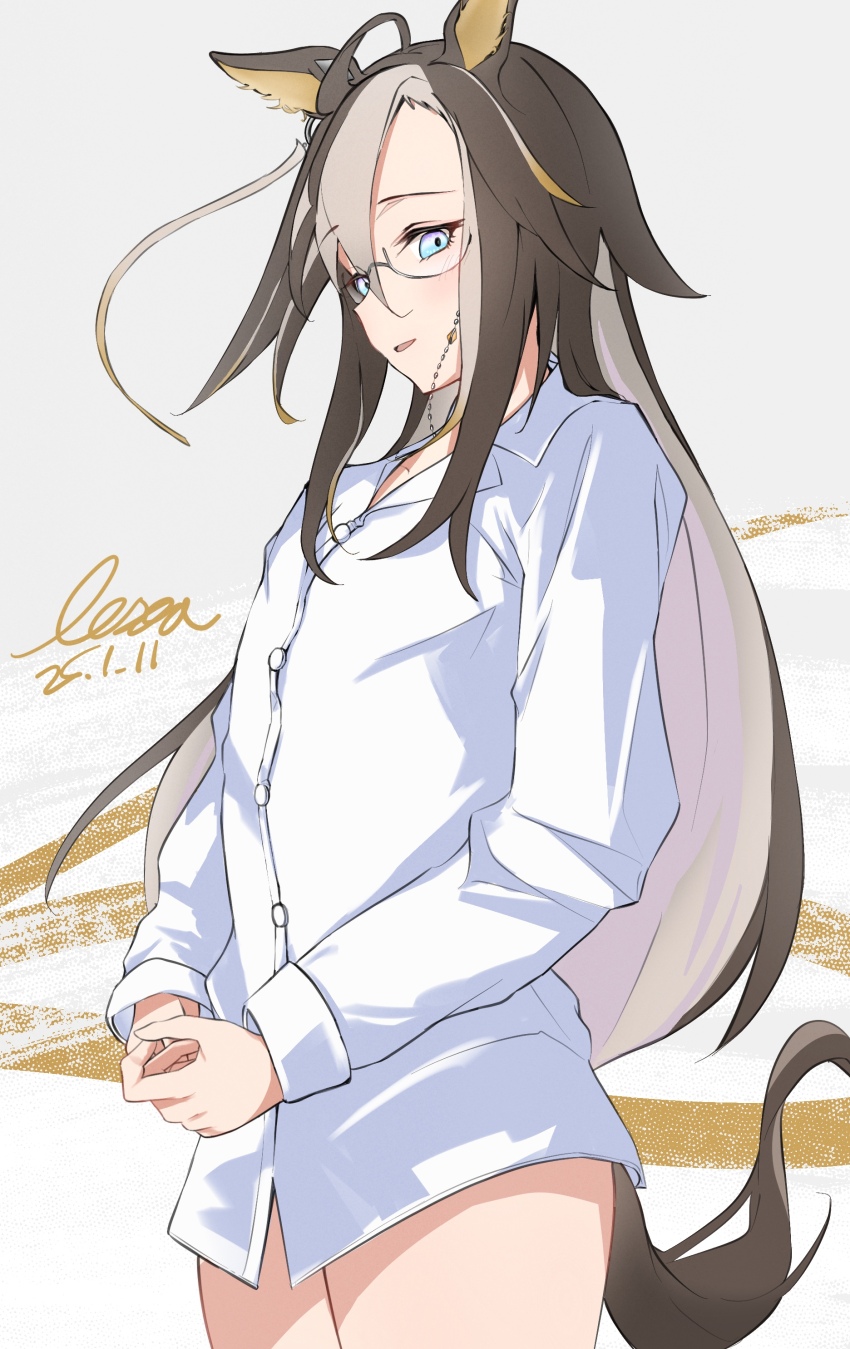 1girl, absurdres, ahoge, alternate_costume, animal_ears, blonde_hair, blue_eyes, brown_hair