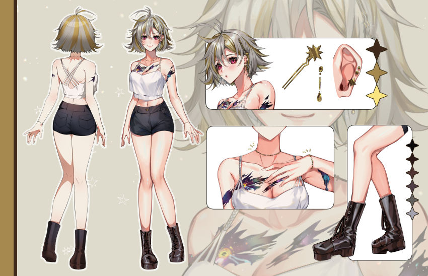 1girl, absurdres, ahoge, black_boots, black_shorts, blonde_hair, boots, breasts, camisole, cleavage, collarbone, color_guide, crop_top, earrings, grey_hair, hair_ornament, hand_on_own_chest, highres, indie_virtual_youtuber, jewelry, joey_ruvoa, multiple_views, navel, pink_eyes, second-party_source, short_hair, short_shorts, shorts, star_(symbol), star_earrings, sunny_splosion, sunny_splosion_(casual), virtual_youtuber, white_camisole