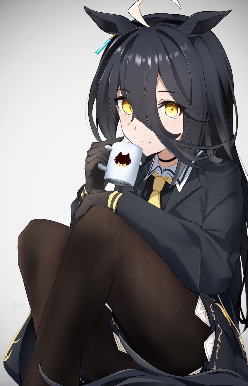 1girl, absurdres, ahoge, animal_ears, black_gloves, black_hair, black_jacket, black_pantyhose