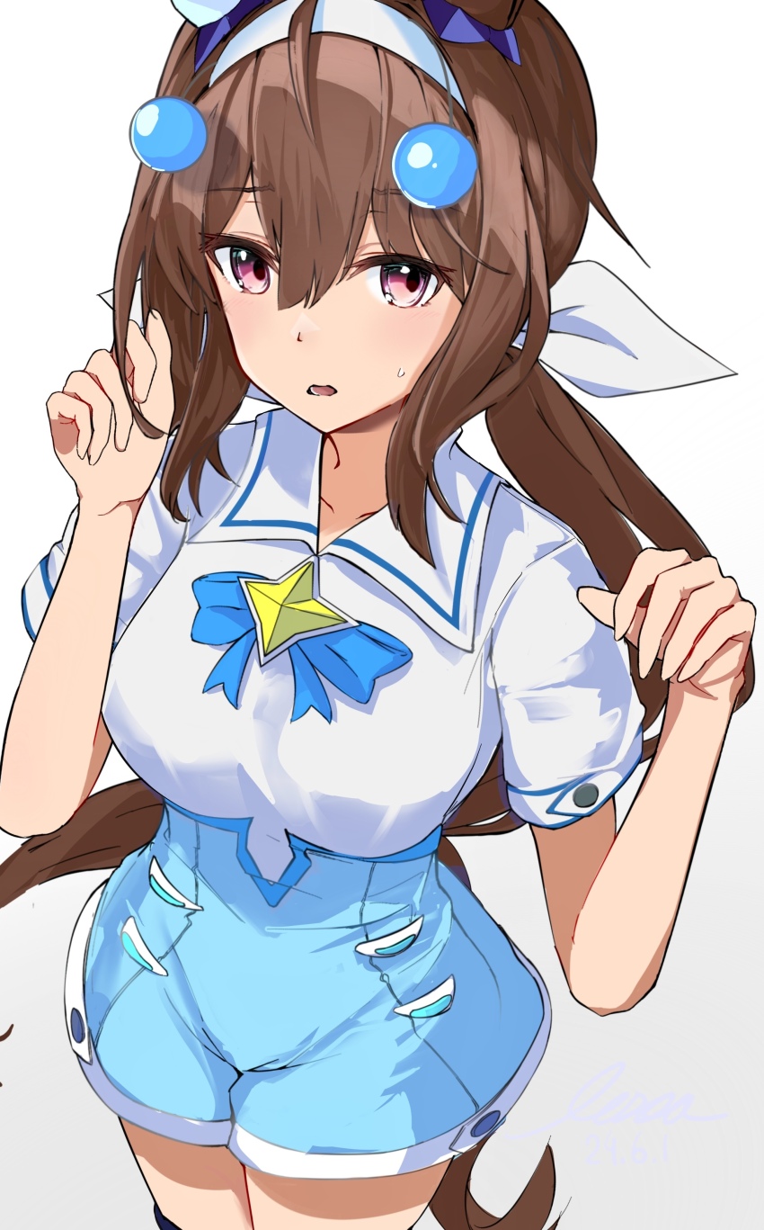 1girl, absurdres, admire_vega_(uma_stars)_(umamusume), admire_vega_(umamusume), animal_ears, blue_shorts, breasts, brown_hair