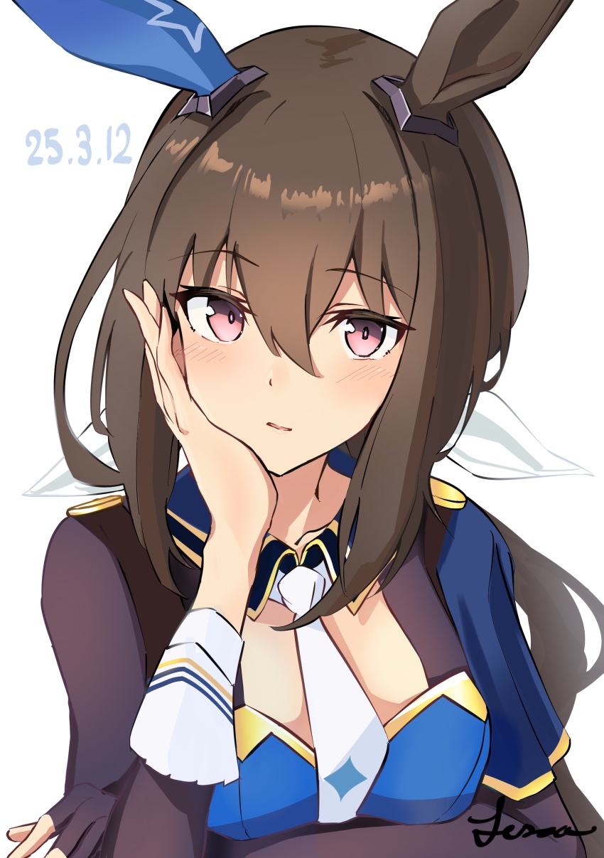 1girl, absurdres, admire_vega_(umamusume), animal_ears, black_gloves, brown_hair, convenient_neckwear, dated