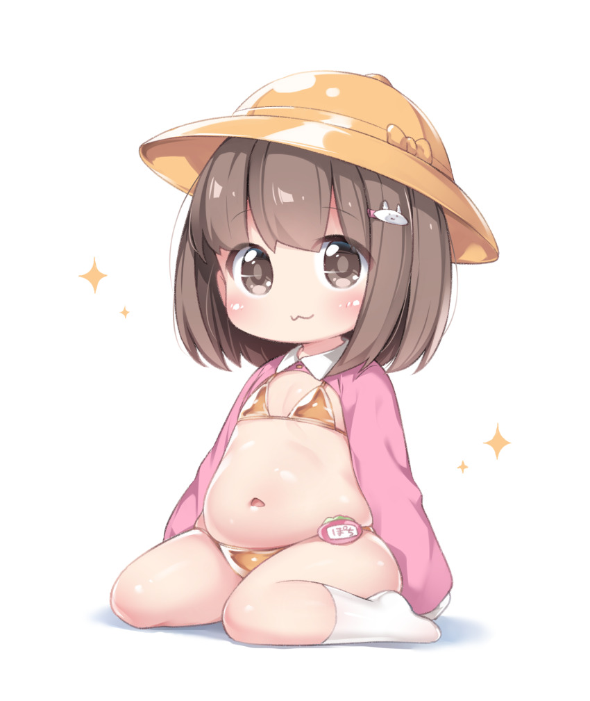 1girl, :3, belly, bikini, brown_eyes, brown_hair, closed_mouth, flat_chest, gold_bikini, hat, highres, kindergarten_uniform, loli, looking_at_viewer, micro_bikini, navel, original, plump, school_hat, short_hair, simple_background, sitting, socks, solo, swimsuit, tamase_tama, wariza, white_background, white_socks, yellow_hat