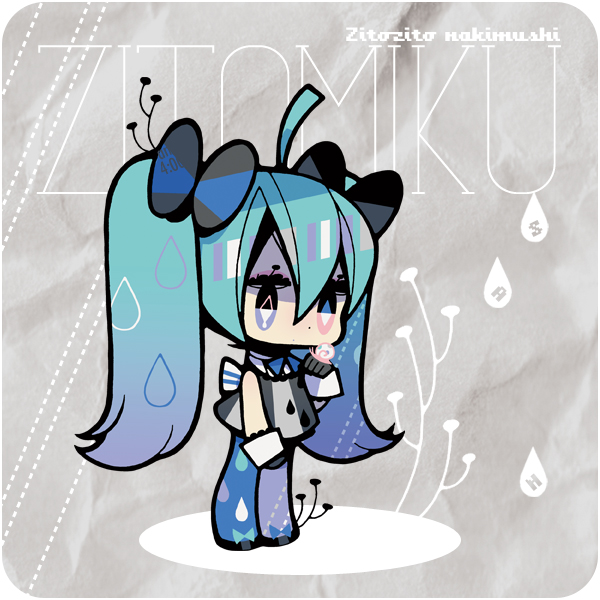 1girl, ahoge, asymmetrical_legwear, blue_eyes, blue_hair, bow, chibi, dress