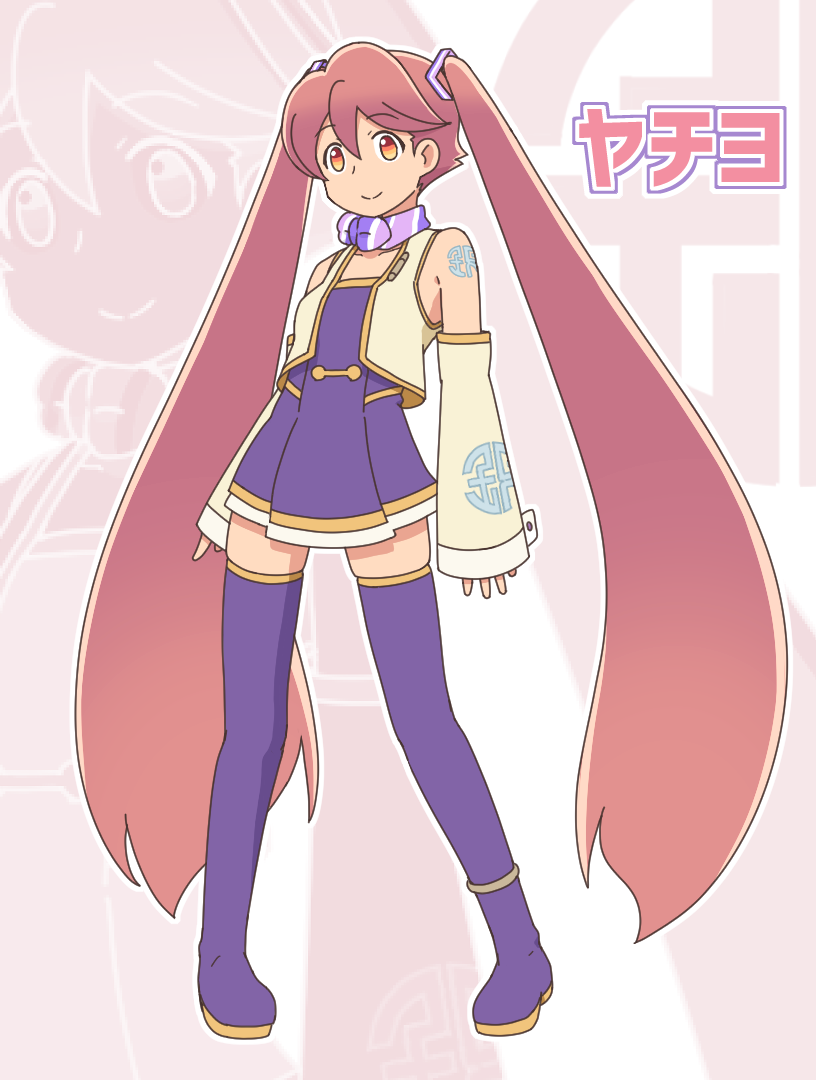 1girl, adapted_costume, apocalypse_hotel, ascot, boots, brown_hair, character_name, cosplay