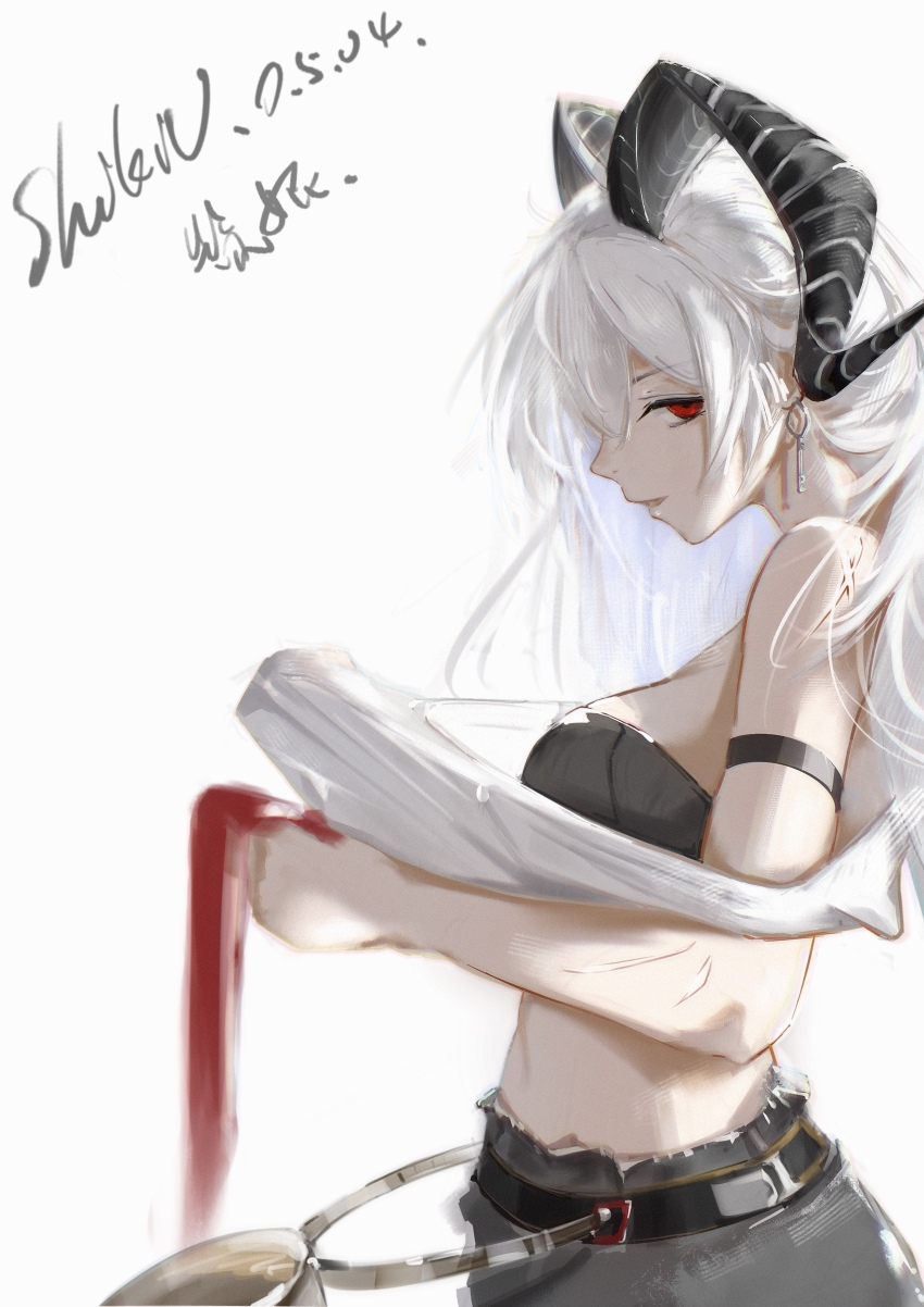 1girl, absurdres, arm_strap, bare_shoulders, black_bra, black_horns, black_pants, bra