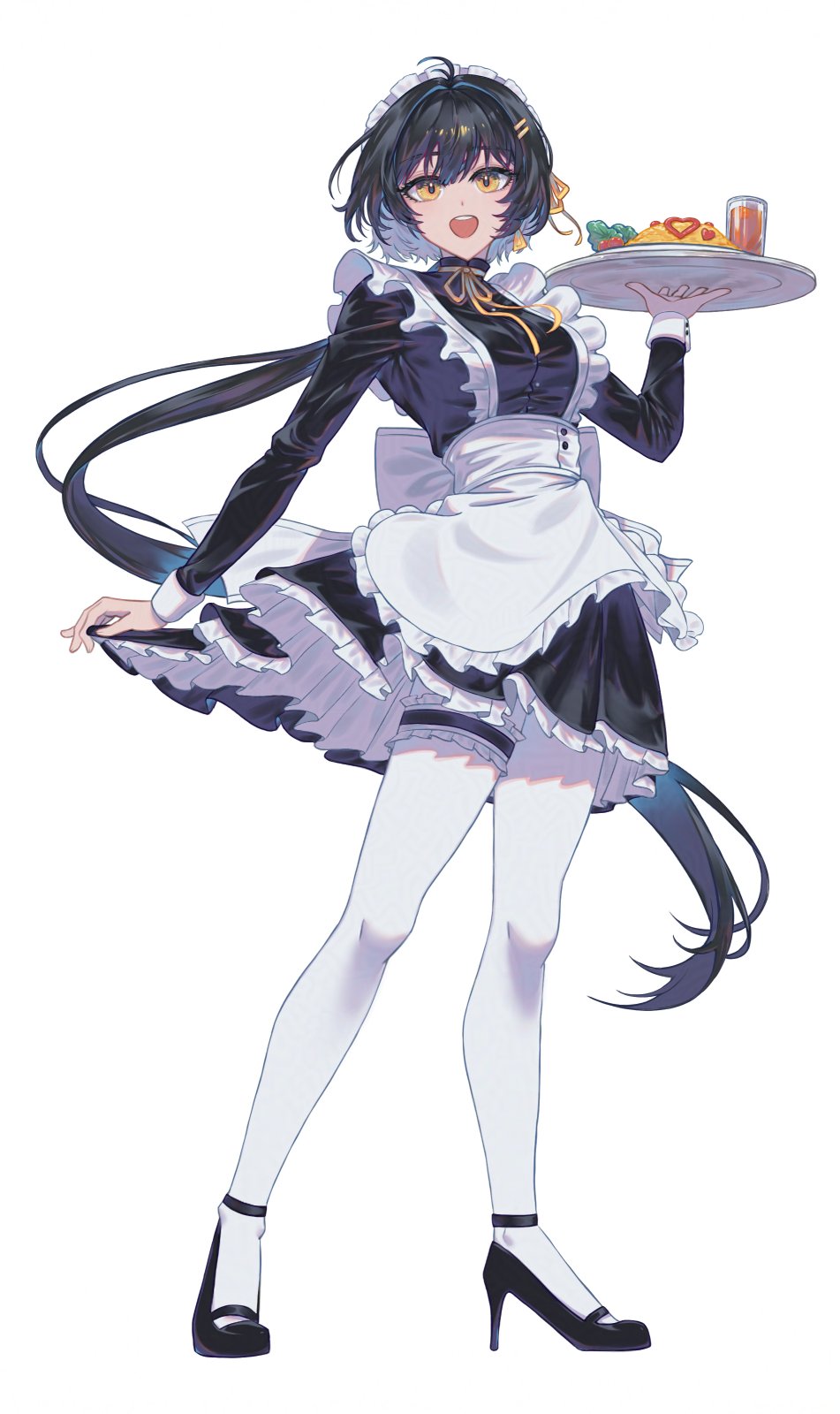 1girl, alternate_costume, apron, black_dress, black_hair, black_shoes, breasts, commentary