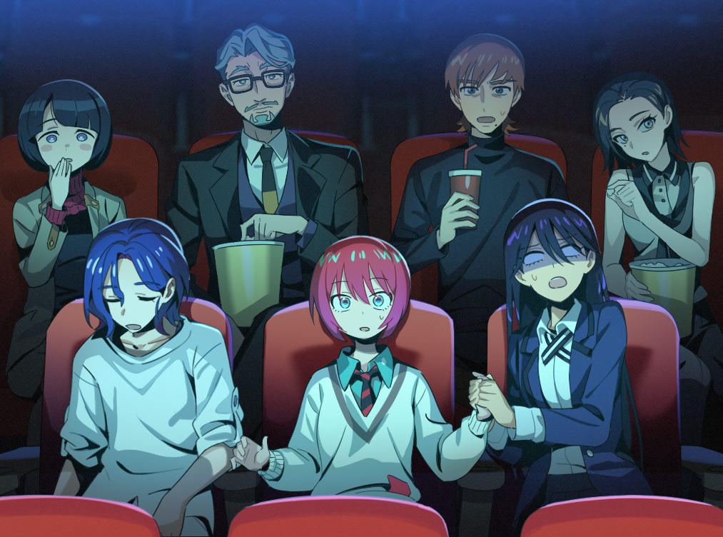 3boys, 4girls, amate_yuzuriha, aqua_eyes, beard, black_hair, blank_eyes, blue_eyes