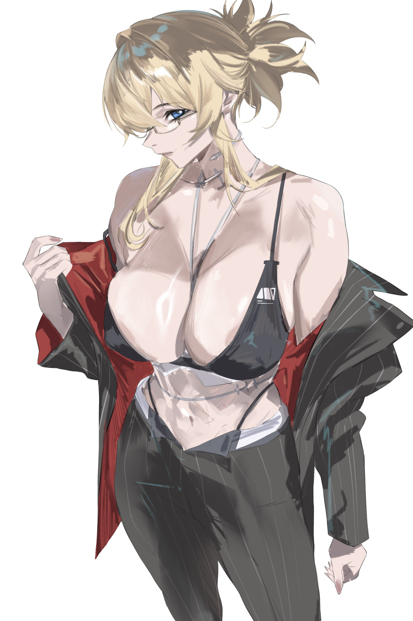 1girl, absurdres, areola_slip, bare_shoulders, black_bra, black_pants, blonde_hair, blue_eyes