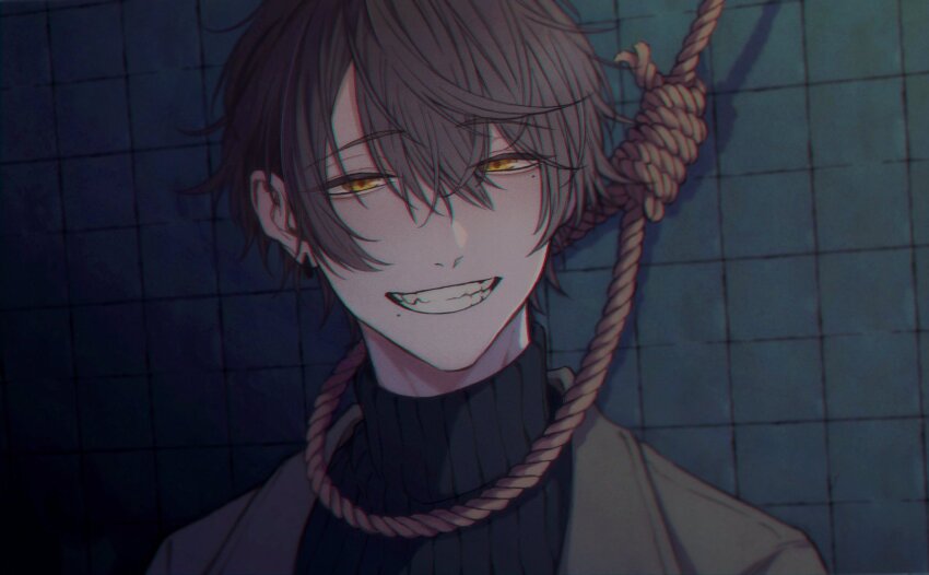 1boy, black_sweater, brown_coat, brown_hair, coat, earrings, highres, jewelry