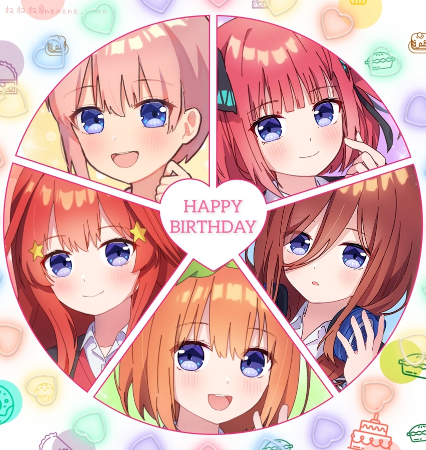 5girls, :d, black_ribbon, blue_eyes, blunt_bangs, blush, brown_hair, closed_mouth