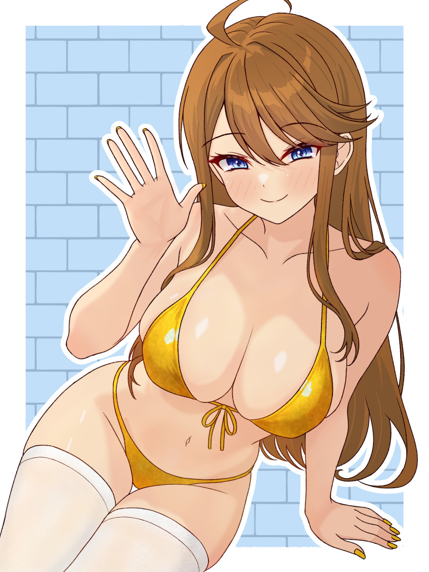 1girl, 82k_mugi, absurdres, ahoge, alternate_costume, bikini, blue_background, blue_eyes