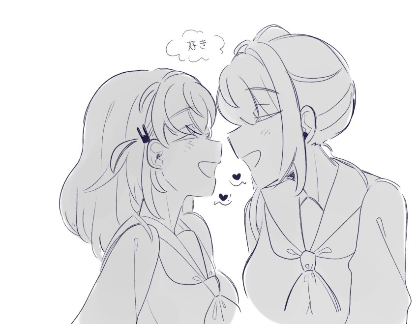 2girls, baboomasu, blush, breasts, cerise_bouquet, commentary, dress, face-to-face