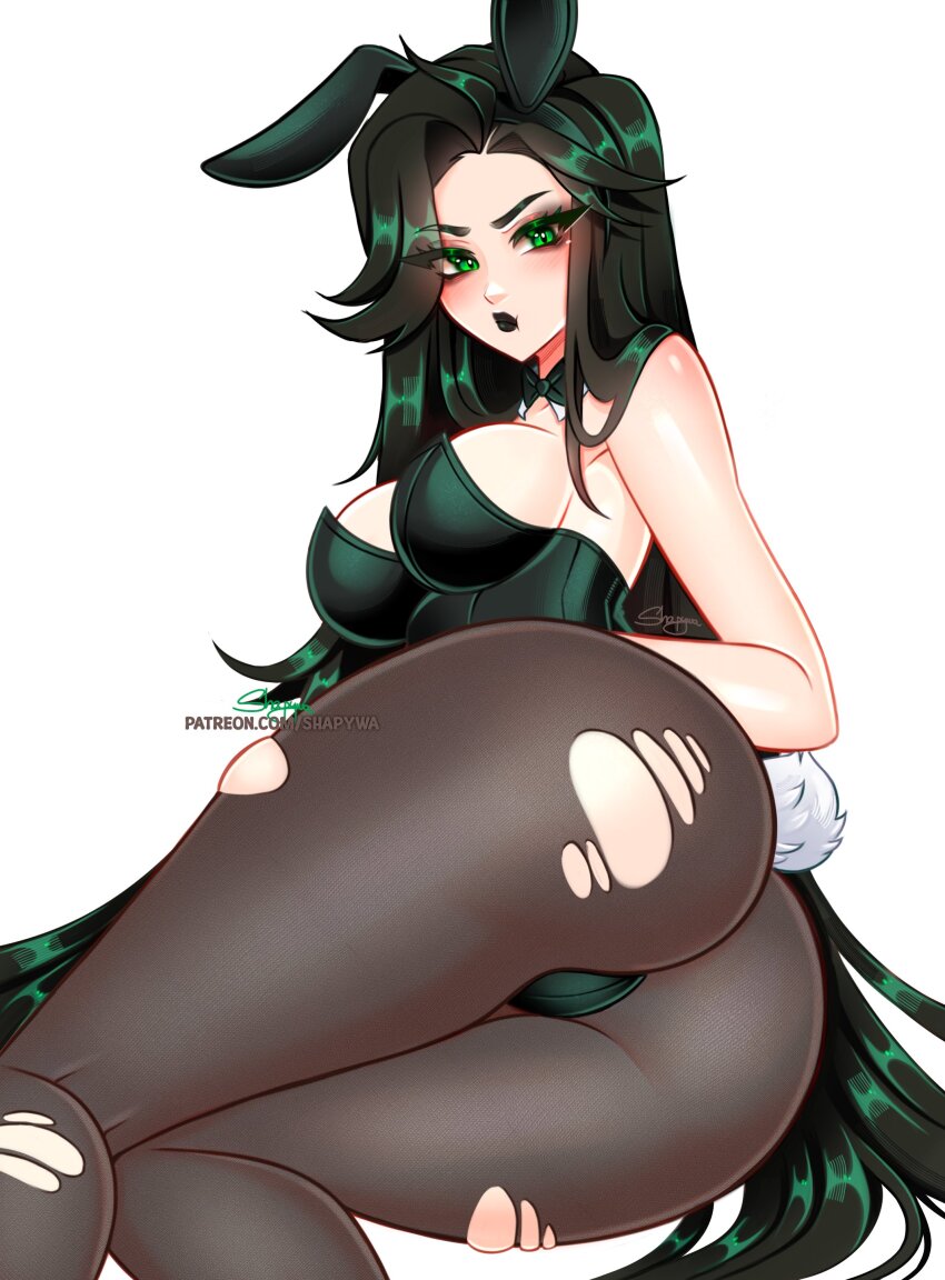 1girl, absurdres, animal_ears, ass, black_leotard, breasts, detached_collar, fake_animal_ears