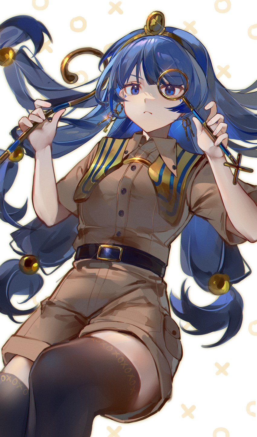 1girl, absurdres, belt, belt_buckle, black_belt, black_thighhighs, blue_eyes, blue_hair