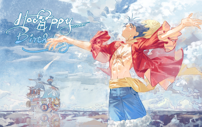 1boy, ^_^, black_hair, blue_shorts, boat, closed_eyes, commentary_request, cross_scar