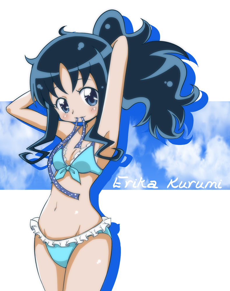 10s, 1girl, adjusting_hair, armpits, bikini, blue_bikini, blue_eyes, blue_hair