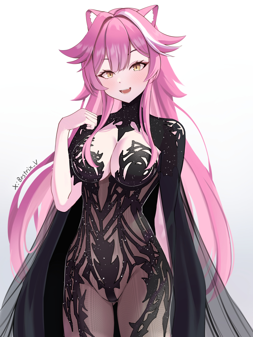 1girl, animal_ears, bestrix, black_cape, black_dress, blush, breasts, cape