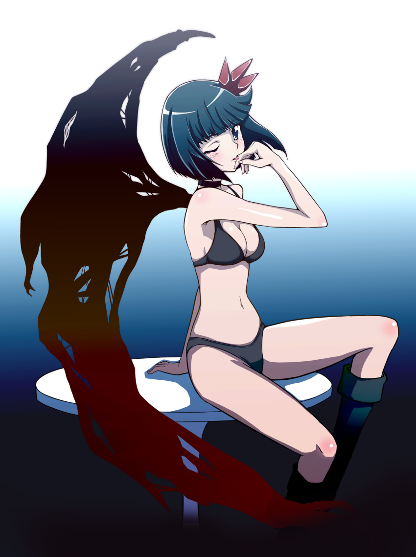 10s, 1girl, ;p, bikini, black_bikini, black_hair, blue_eyes, blush