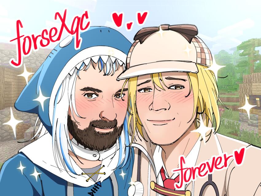2boys, animal_hood, beard, blonde_hair, blue_hair, blue_hoodie, blush, bottle_(bottle1234), brown_coat, brown_eyes, brown_hat, coat, collar, collared_coat, collared_shirt, connected_beard, cosplay, day, deerstalker, drawstring, emoticon, english_text, facial_hair, fish_skeleton, forsen, full_beard, gawr_gura, gawr_gura_(1st_costume), gawr_gura_(cosplay), hat, highres, hololive, hololive_english, hood, hoodie, medium_hair, minecraft, multicolored_hair, multiple_boys, necktie, nose_blush, real_life, red_necktie, shark_hood, shipping_(fandom), shirt, skirt, sparkle, sparkling_aura, stethoscope, streaked_hair, toggles, tree, upper_body, virtual_youtuber, watson_amelia, watson_amelia_(1st_costume), watson_amelia_(cosplay), white_collar, white_hair, wing_collar, xqc