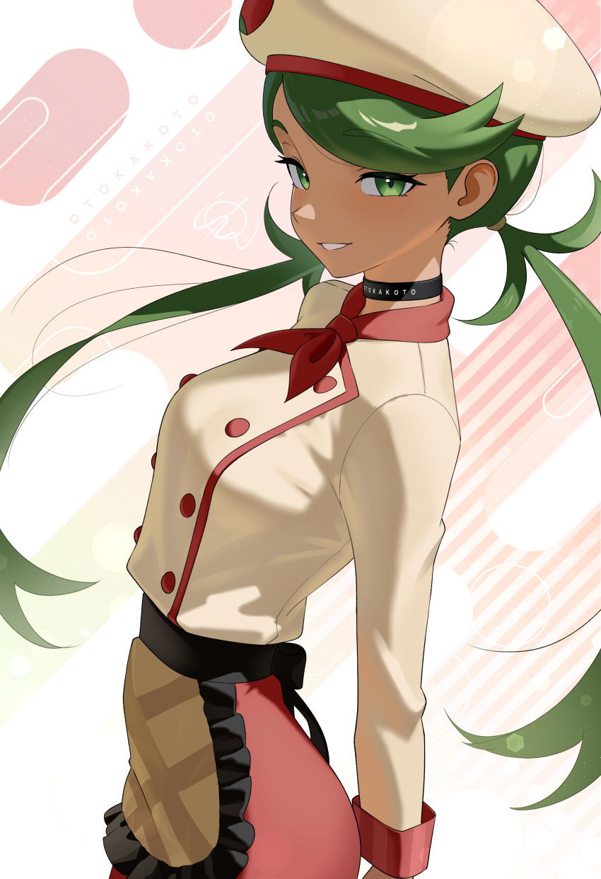 1girl, absurdres, apron, artist_name, ascot, black_choker, breasts, choker, commentary, dark-skinned_female, dark_skin, english_commentary, green_eyes, green_hair, grin, hat, highres, jacket, long_hair, looking_at_viewer, low_twintails, mallow_(palentine's_2023)_(pokemon), mallow_(pokemon), nintendo, no_pants, official_alternate_costume, otokakoto, pokemon, pokemon_masters_ex, red_ascot, small_breasts, smile, solo, twintails, very_long_hair
