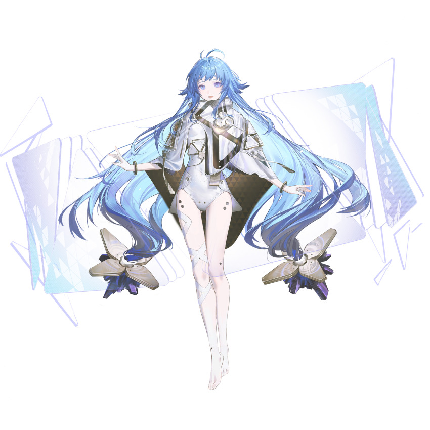 1girl, ahoge, artist_request, barefoot, blue_eyes, blue_hair, eniac_(neural_cloud), full_body