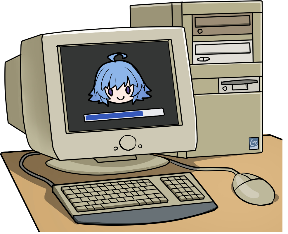 ahoge, artist_request, blue_eyes, blue_hair, chibi, chibi_only, chinese_commentary, computer