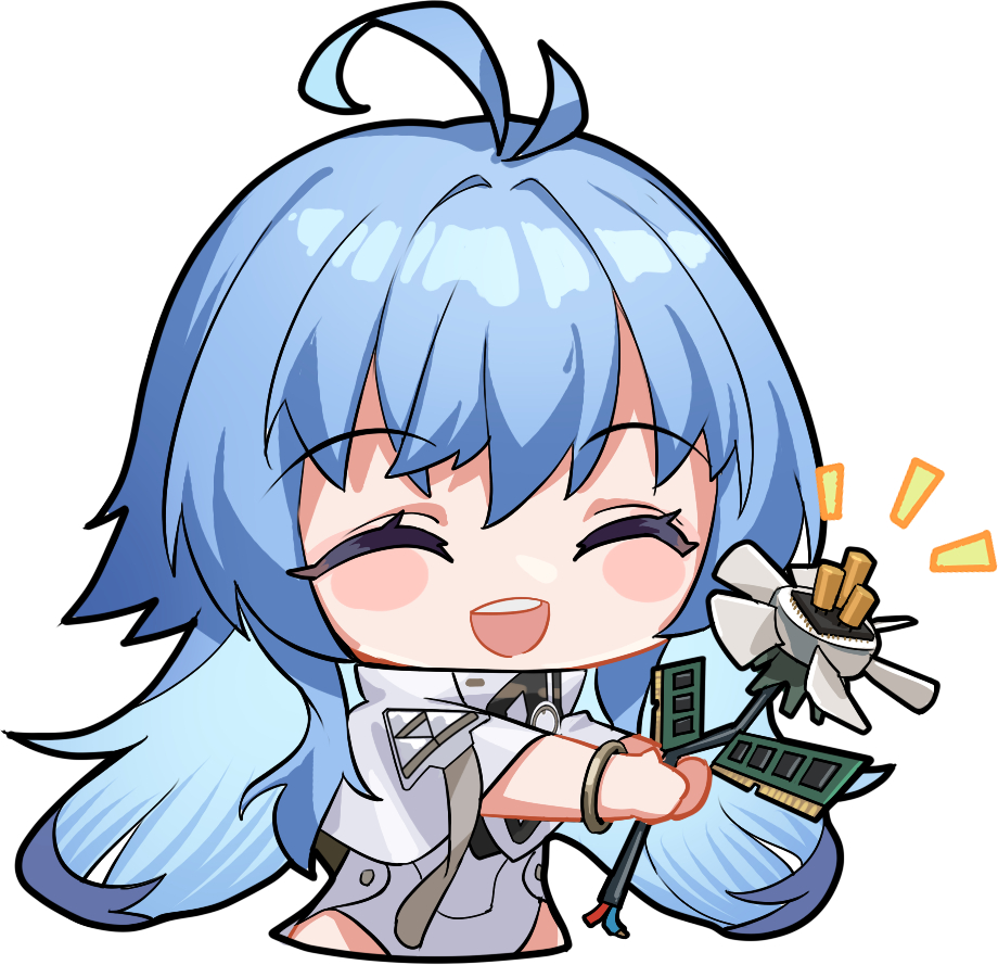 1girl, :d, ahoge, artist_request, blue_hair, chibi, chibi_only, chinese_commentary