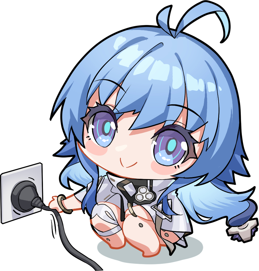 1girl, ahoge, artist_request, blue_eyes, blue_hair, blush_stickers, cable, chibi