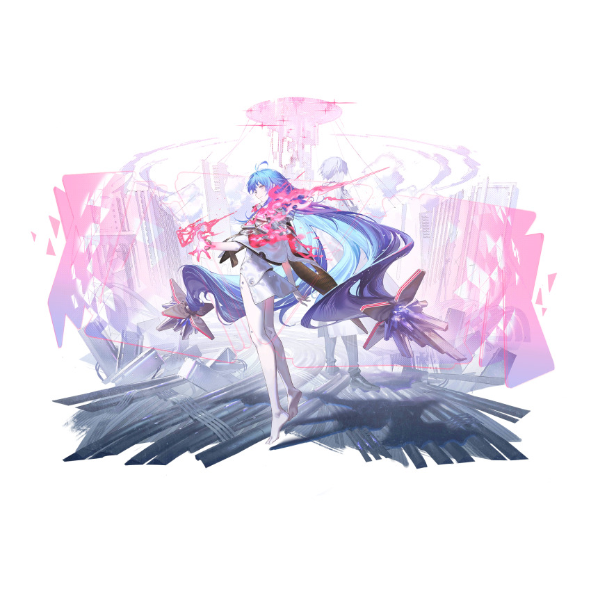 1boy, 1girl, ahoge, artist_request, barefoot, blue_eyes, blue_hair, eniac_(neural_cloud), fire, full_body, game_cg, girls'_frontline, girls'_frontline_neural_cloud, highres, hologram, leotard, long_hair, male_professor_(neural_cloud), official_art, pink_fire, professor_(neural_cloud), shawl, solo_focus, standing, third-party_source, transparent_background, twintails, white_leotard, white_shawl