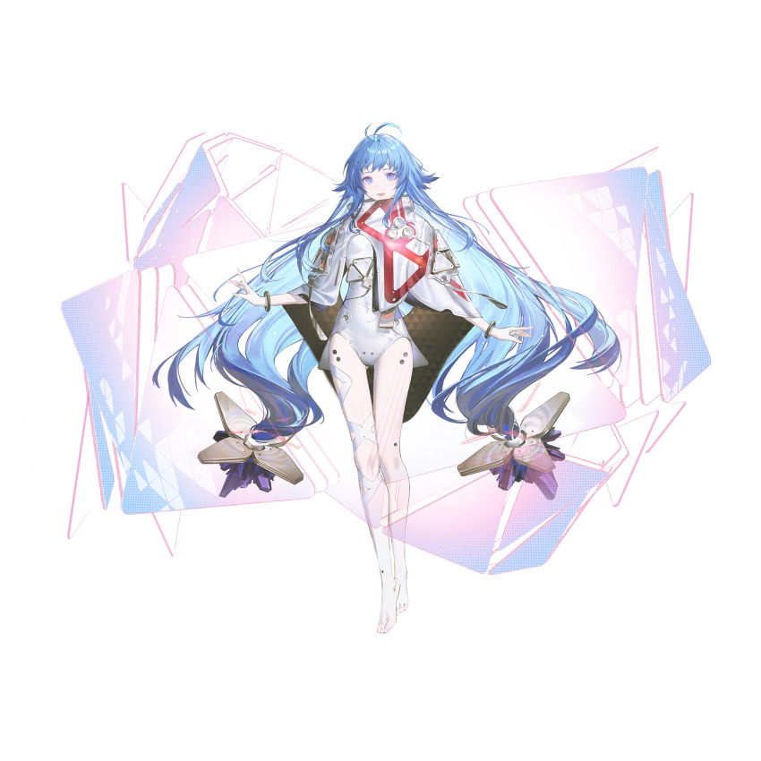 1girl, ahoge, artist_request, barefoot, blue_eyes, blue_hair, eniac_(neural_cloud), full_body