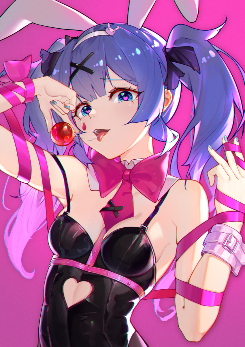 1girl, absurdres, alternate_costume, animal_ear_hairband, animal_ears, aqua_nails, arm_up, belt_buckle