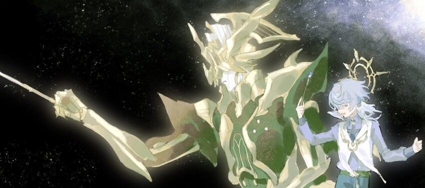 1boy, aged_down, belt, black_belt, black_choker, black_sky, blue_pants, child