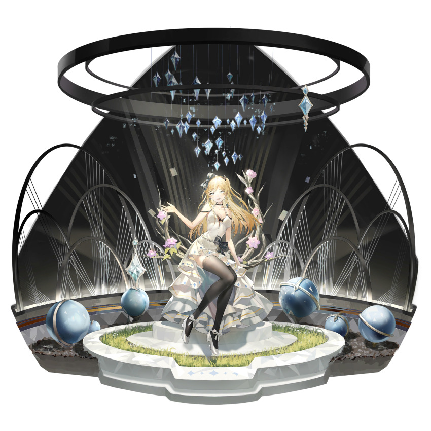 1girl, artist_request, black_ribbon, black_thighhighs, blonde_hair, braid, chandelier, dress