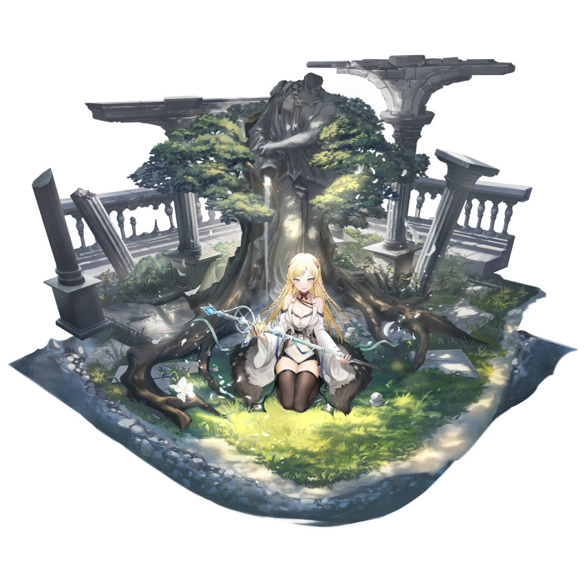 1girl, artist_request, black_thighhighs, blonde_hair, braid, dress, flower, fur_trim