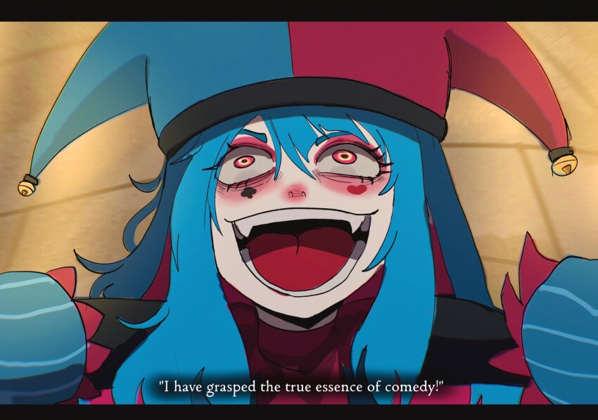 1girl, aqua_hair, basedbinkie, bell, club_(shape), colored_skin, crazy_eyes, crazy_smile