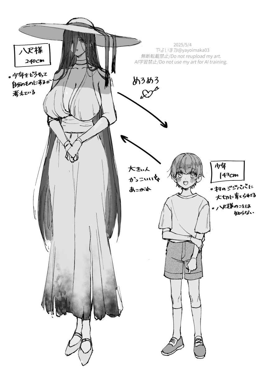 1boy, 1girl, absurdres, age_difference, arrow_(symbol), bare_shoulders, blush, breasts