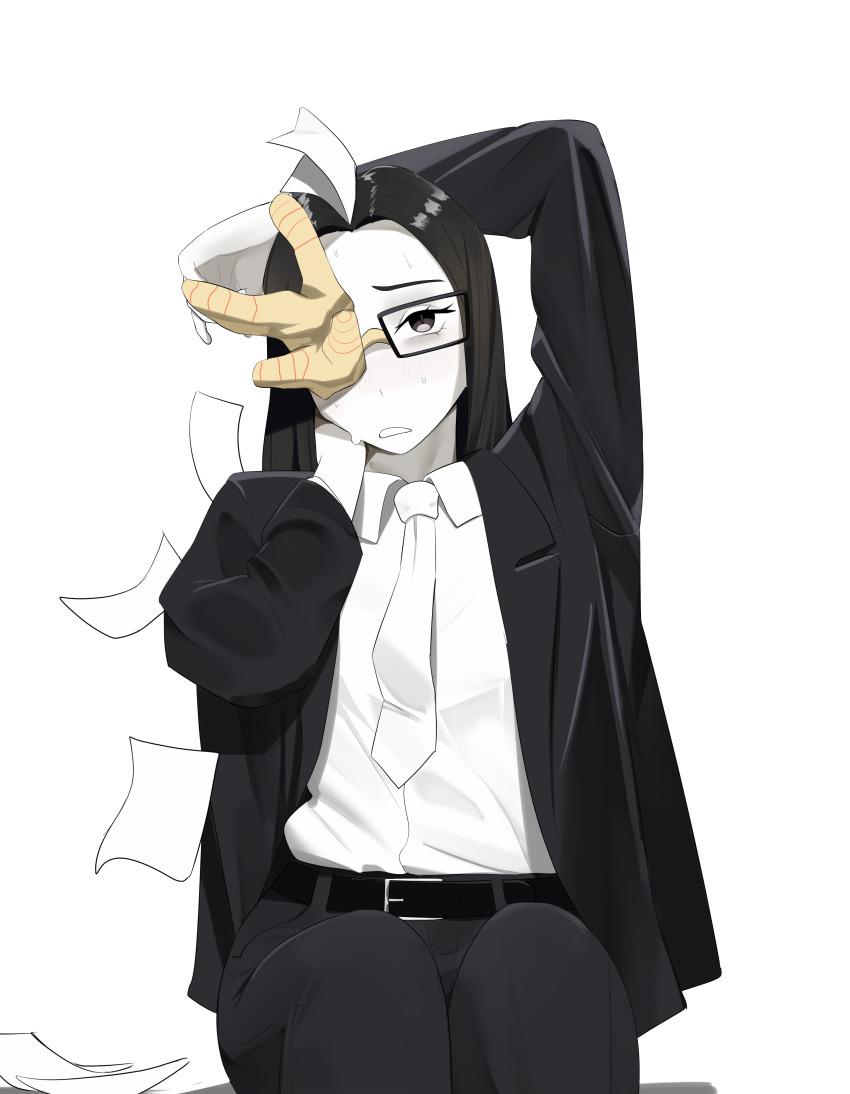 1girl, absurdres, aweeeeh852, black_eyes, black_hair, colored_skin, commentary, coral, coral_glasses, ena:_dream_bbq, ena_(series), english_commentary, glasses, highres, long_hair, necktie, office_lady, paper, rectangular_eyewear, simple_background, solo, sweat, white_background, white_necktie, white_skin