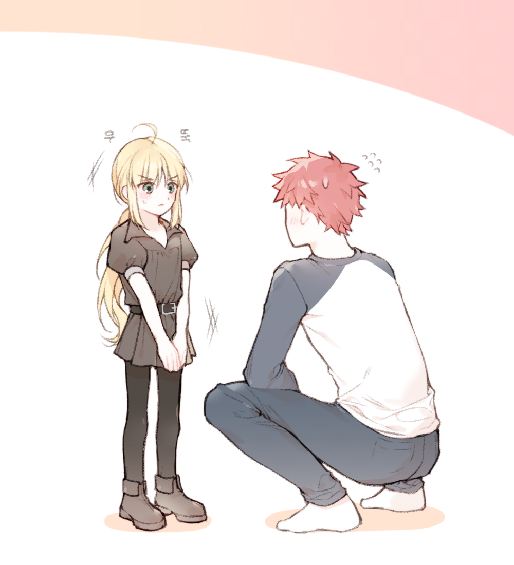 1boy, 1girl, ahoge, artoria_pendragon_(fate), baboteolsegongsa, blonde_hair, emiya_shirou, fate/stay_night, fate_(series), green_eyes, long_hair, looking_at_another, orange_hair, saber_(fate), shirt, simple_background