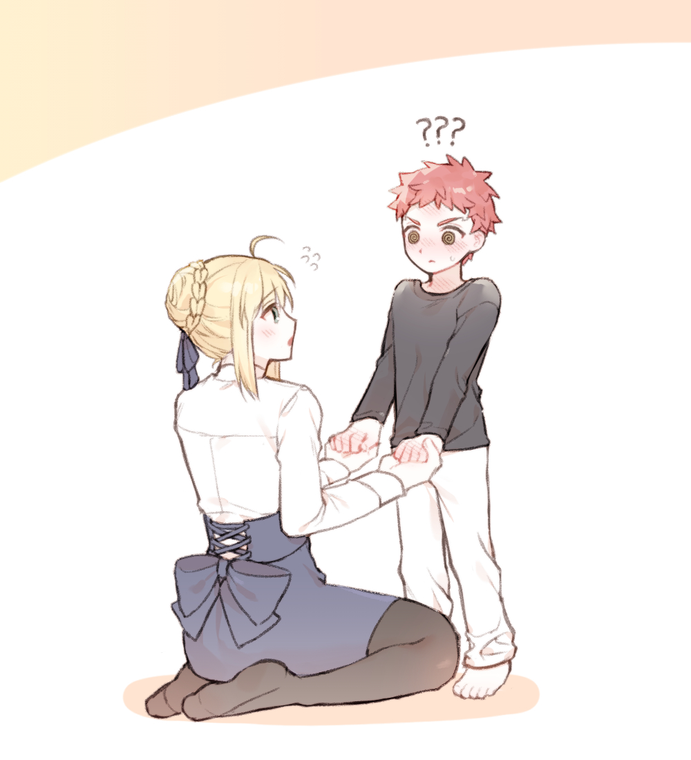 1boy, 1girl, ahoge, artoria_pendragon_(fate), baboteolsegongsa, blonde_hair, blush, braid